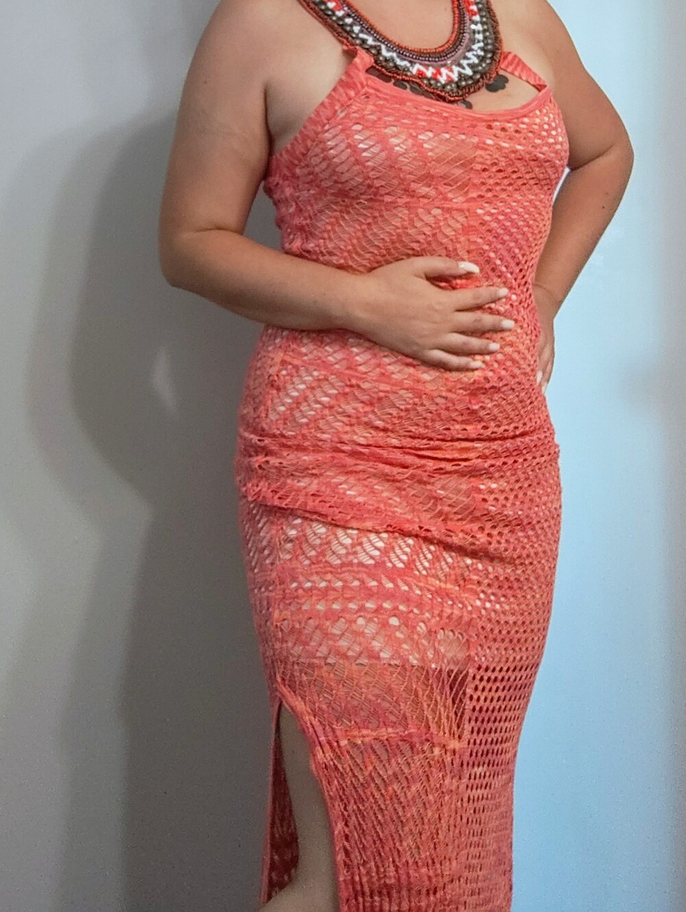 Crochet Maxi Dress in Coral Pink